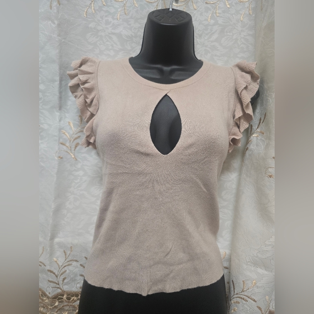 Express Tan Sleeveless Blouse with Ruffled Cut-Out Design